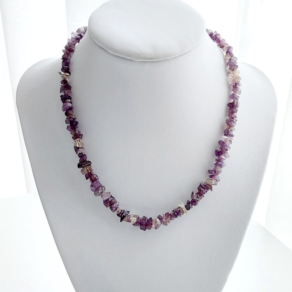 Vintage Raw Amethyst Gemstone Chip Choker Necklace Silver Clasp 16"